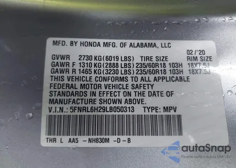 2020 Honda Odyssey Lx из США, поврежденный, VIN 5FNRL6H29LB050313